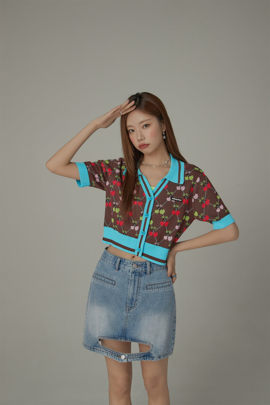 CHUU Cherry Argyle Colored Short Sleeve Knit Cardigan