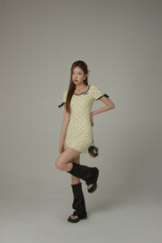 Heart Dot Patten Ribbon Sleeves Mini Dress