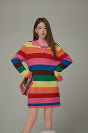 Open Collar Rainbow Knit Dress