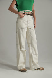 Distressed Ripped Outlined Cotton Wide Pants