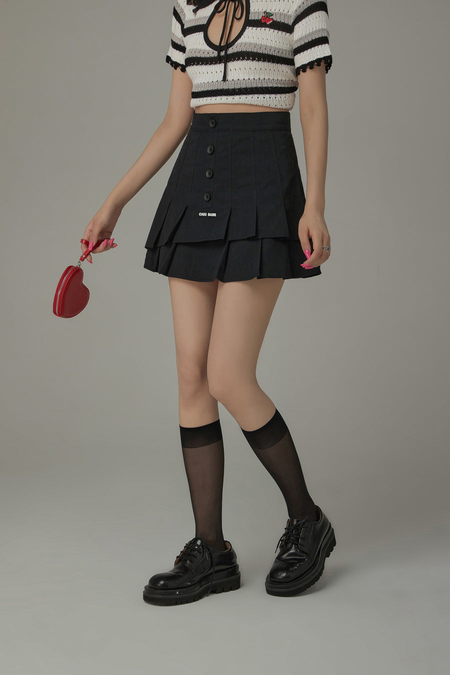 CHUU High Waisted Button Pleated Mini Skirt