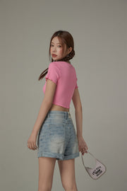 Rainbow Button Raw Hem Cropped T-Shirt