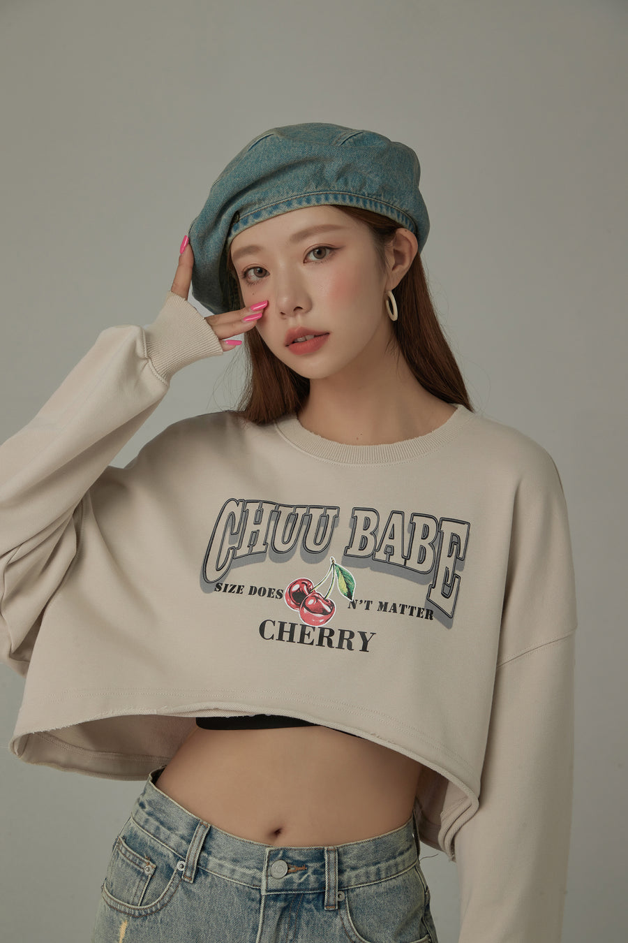 CHUU Size Doesnt Matter Cherry Crop Boxy Sweatshirt