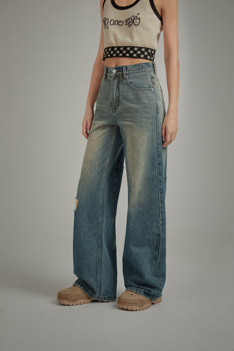 CHUU Stitched Ripped Washed Wide Denim Jeans