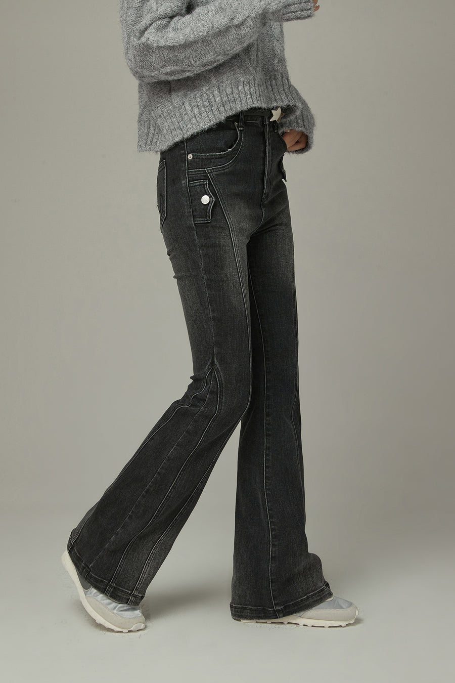 CHUU Washed Lined Stitched Semi Bootcut Denim Jeans