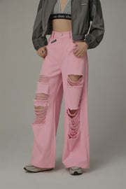 Distressed Wide Color Loosefit Denim Pants