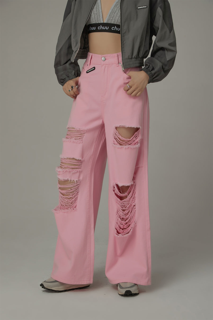 CHUU Distressed Wide Color Loosefit Denim Pants