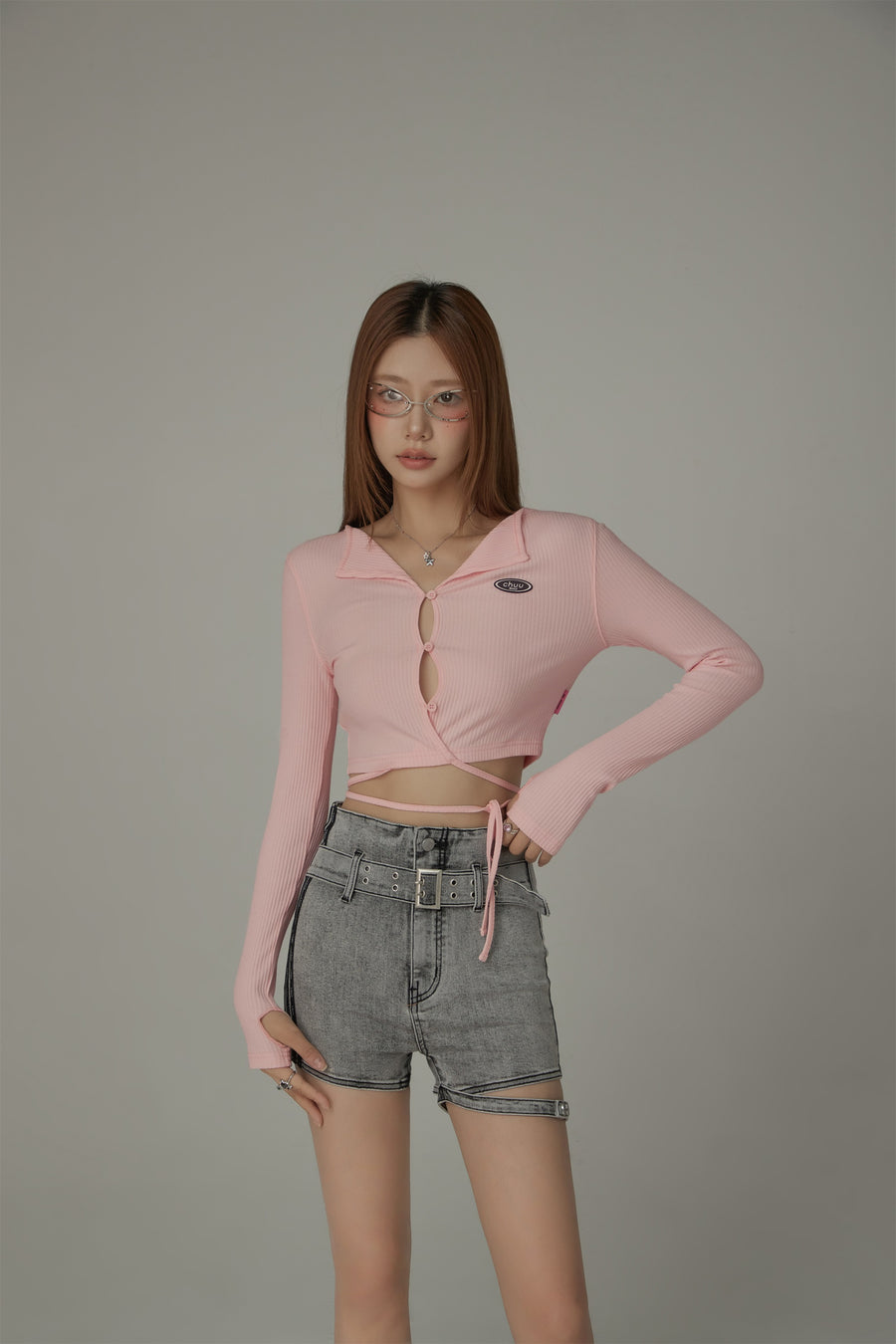 CHUU Ribbed Front Keyhole Long Sleeve Criss Cross Top