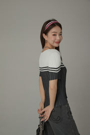 Ribbed Color Blocked Button Short Sleeve Cardigan