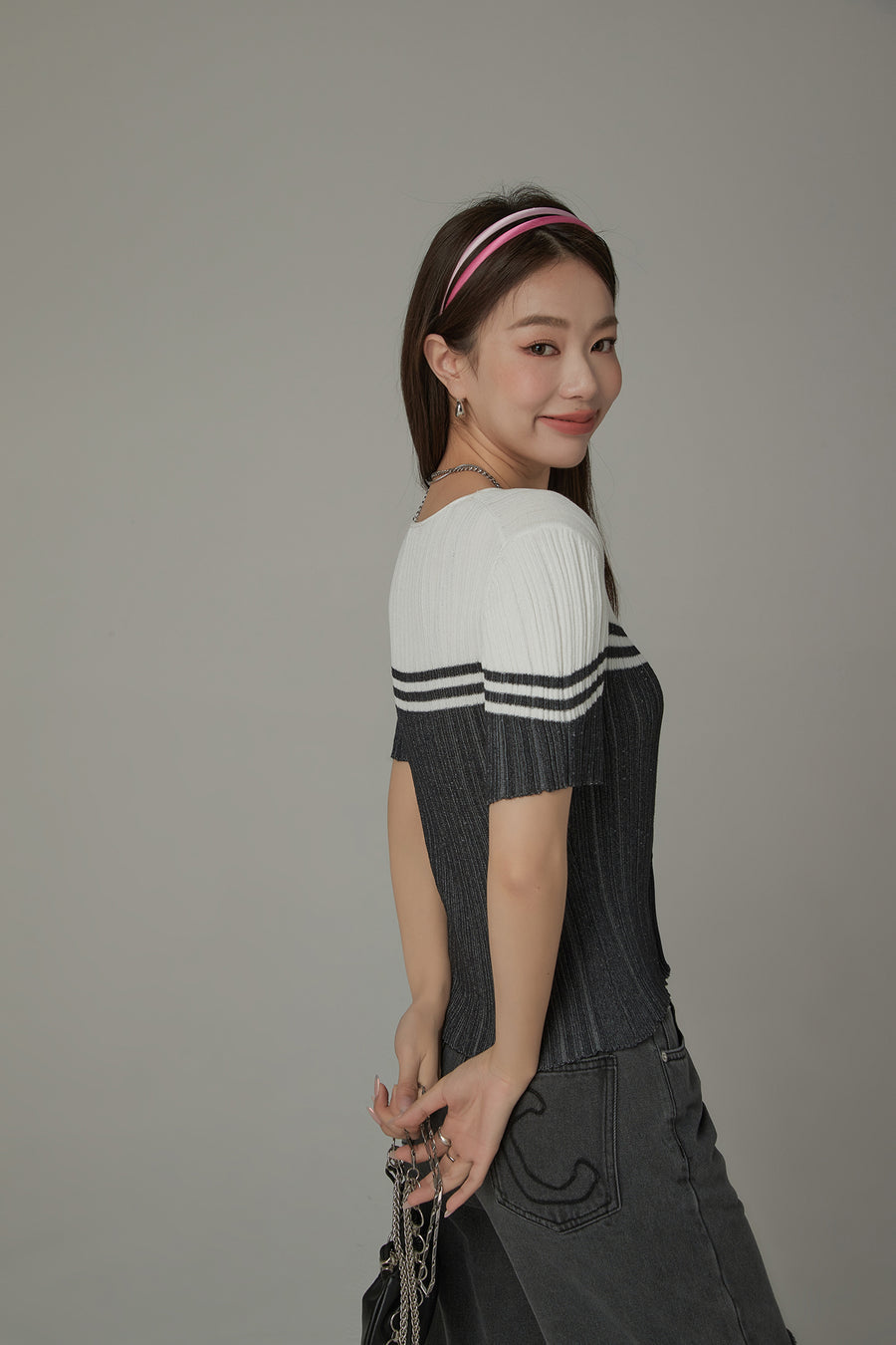 CHUU Ribbed Color Blocked Button Short Sleeve Cardigan