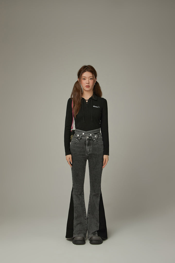 Criss Cross Belt Two Toned Bootcut Denim Pants