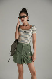 Simple Slim U-Neck Striped T-Shirt