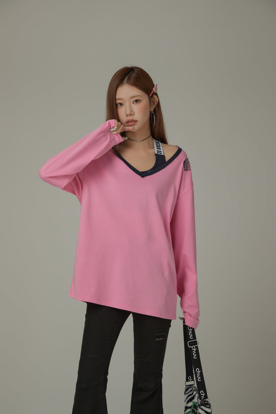 CHUU Color V Neck Loose Fit Long Sleeve Basic T-Shirt