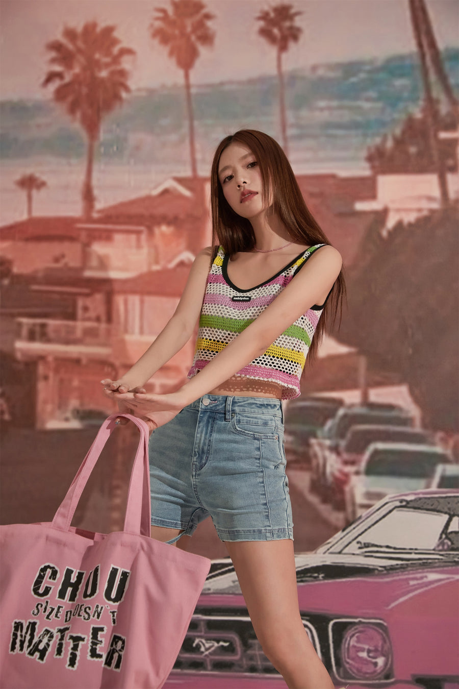 CHUU Crochet Mesh Colorblocked Crop Top