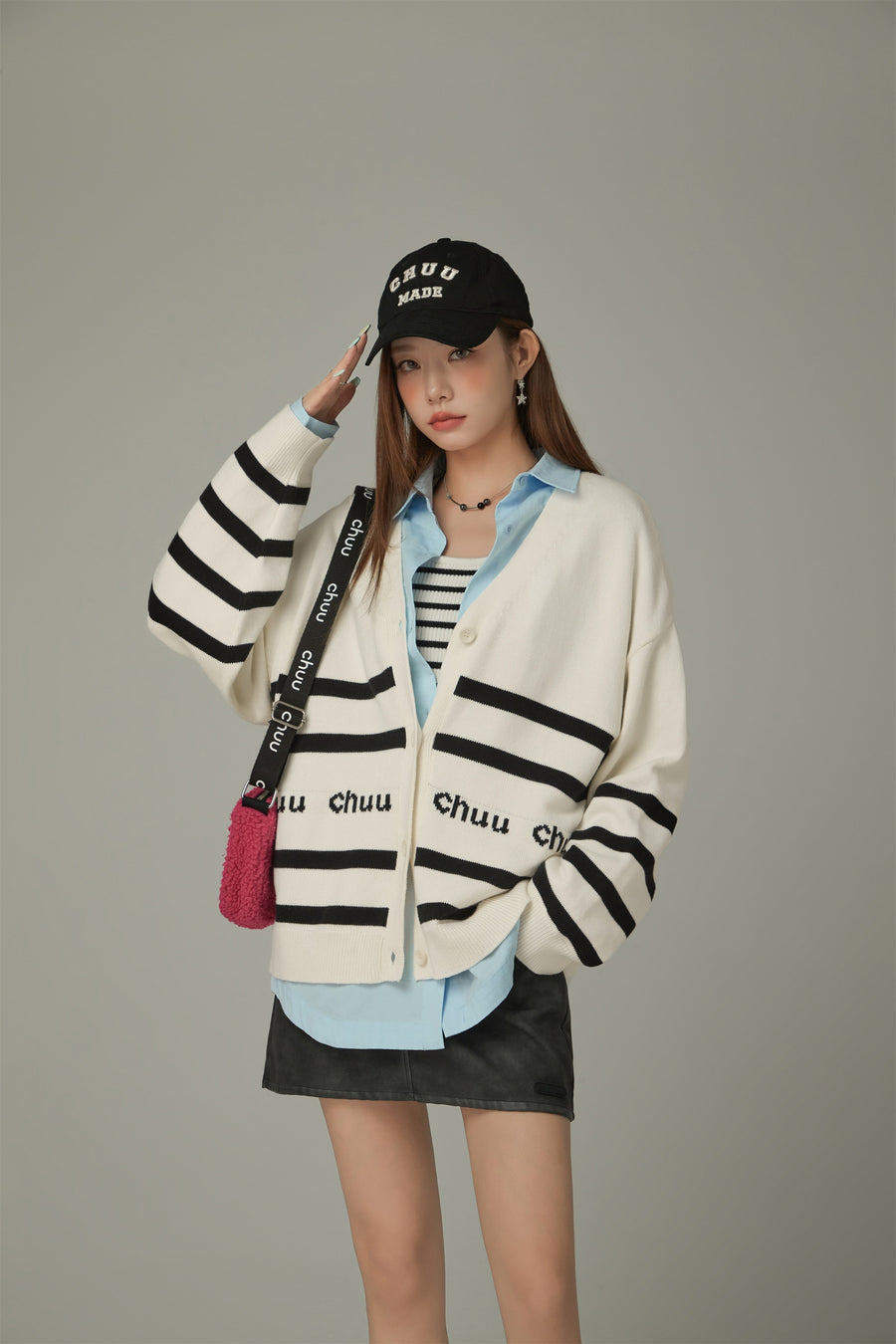 CHUU Lettering Striped Knit Cardigan