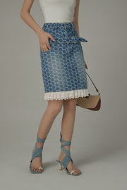 Heart Belted Lace Hem Shaped Pattern Denim Skirt