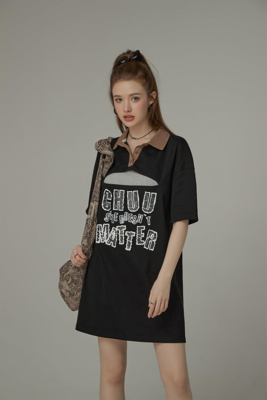 CHUU Chuu Size Doesnt Matter Front Cut Out Polo Neck T-Shirt Dress