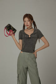 Metal Heart Keyhole Short Sleeve Top