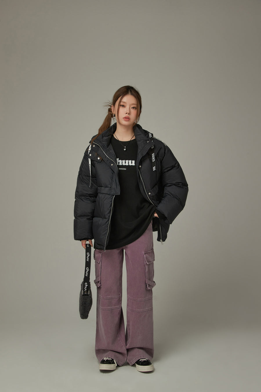 CHUU Logo String Hooded Oversized Padded Jacket