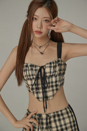 Check Ribbon Sleeveless Bustier Top