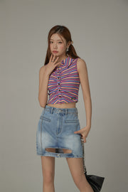 Rainbow Polo Neck Slim Crop Sleeveless Top