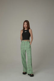 Color Checked Tie Waist Bootcut Pants