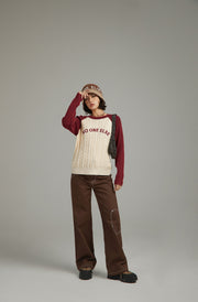 Logo Raglan Color Combination Knit Sweater