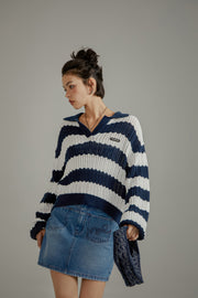 Color Combination Stripe Open Collar Knit Sweater