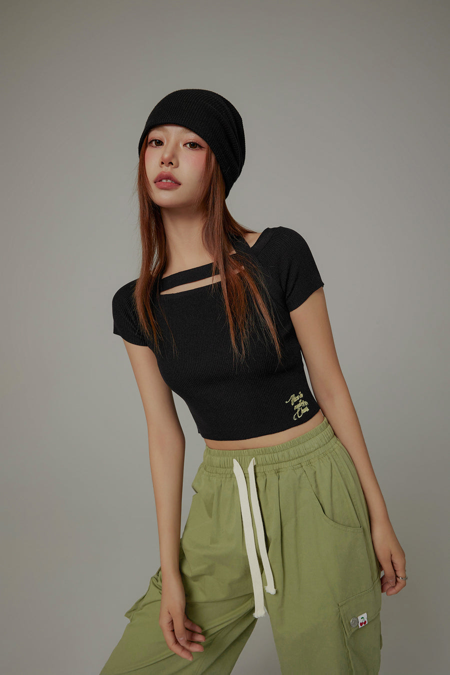 CHUU Halter Neck Banding Basic Short Sleeve Knit Crop Top