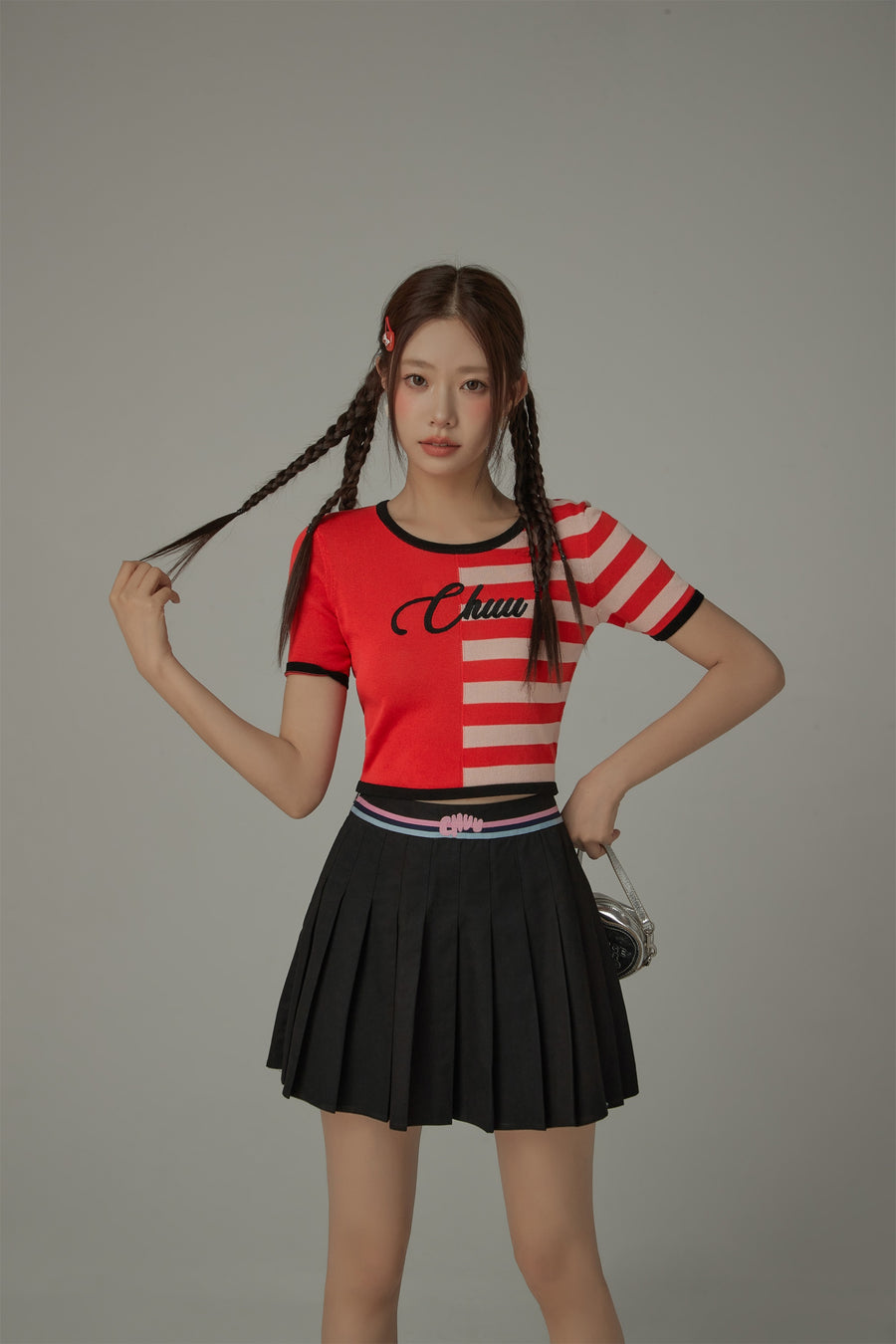 CHUU Chuu Lettering Half Striped Colorblocked Knit Crop Top