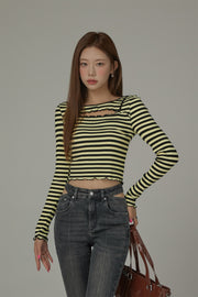 Chest Cutout Frill Long Sleeves Striped Top