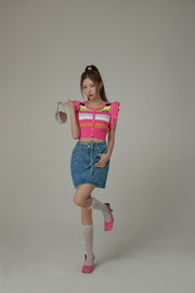 Multi Color Cherry Ribbon Tie Denim Mini Skirt