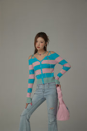 Color Combination Stripe Off The Shoulder Knit Sweater