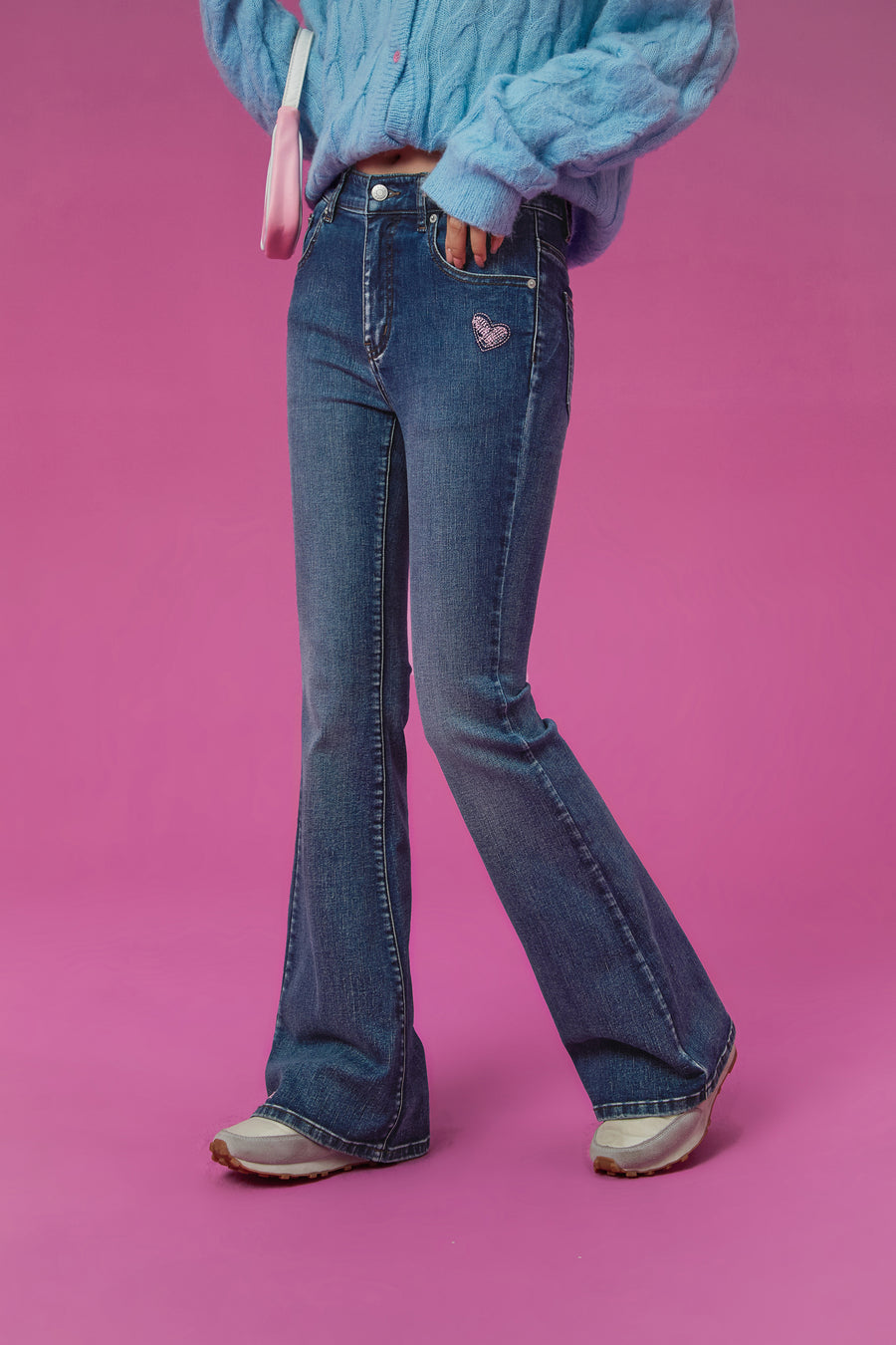 CHUU Heart Washed Bootcut Denim Jeans