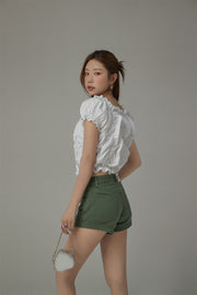 Shirred Puffy Sleeve Cropped Blouse