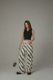 Diagonal Striped Leg Slits Training Wide Pants