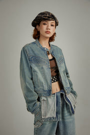 Neck Button Washed Denim Jacket