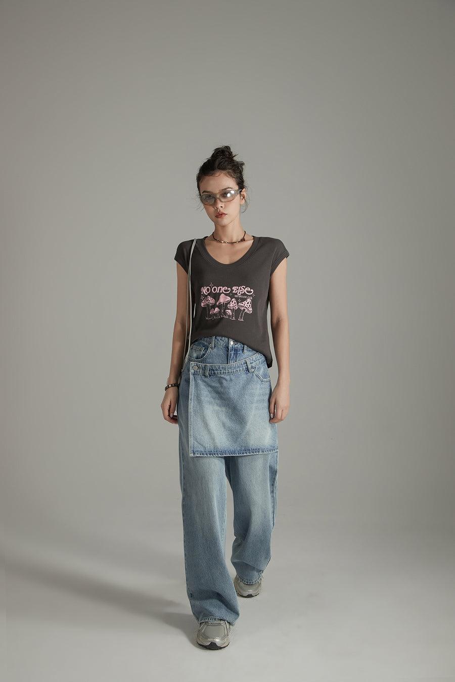 CHUU Layered False Skirt Wide Denim Jeans