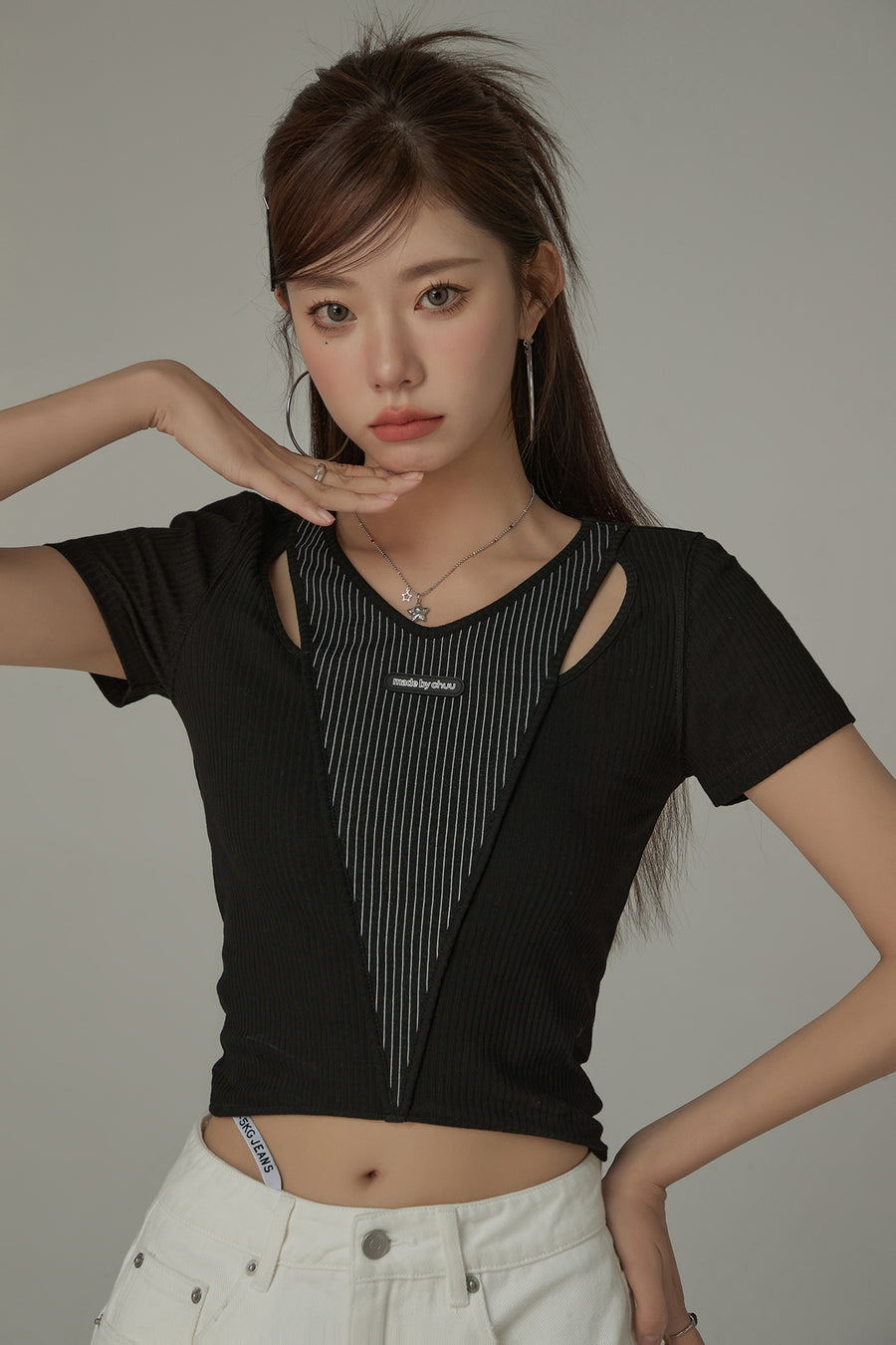 CHUU Slit Ribbed Center Stripes T-Shirt