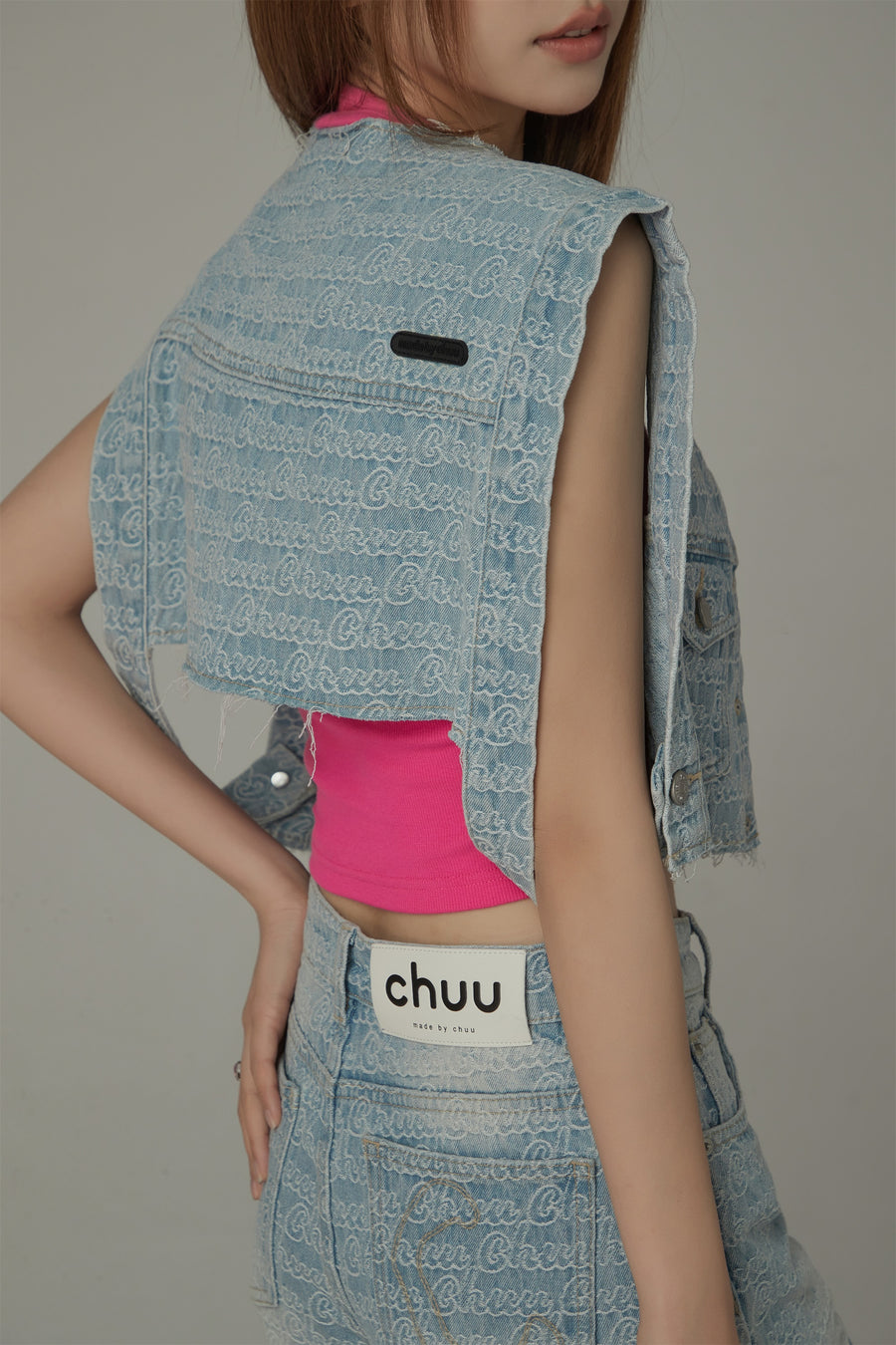 CHUU Unbalanced Sleeveless Raw Hem Denim Vest