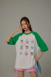 Chuu Cute Printed Icons Raglan Loose-Fitting T-Shirt