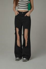 High Waist Distressed Ripped Open Wide-Leg Pants