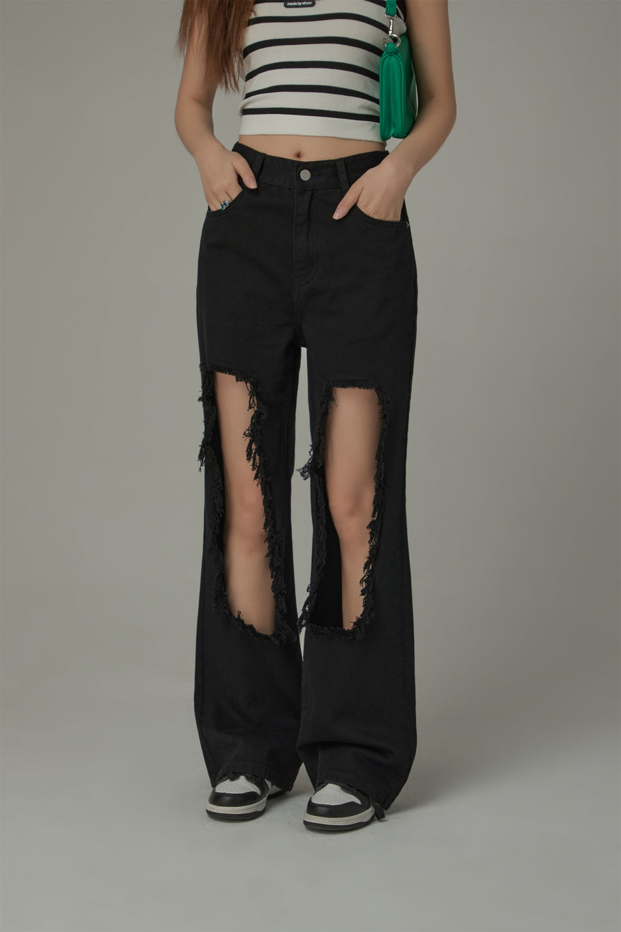 CHUU High Waist Distressed Ripped Open Wide-Leg Pants