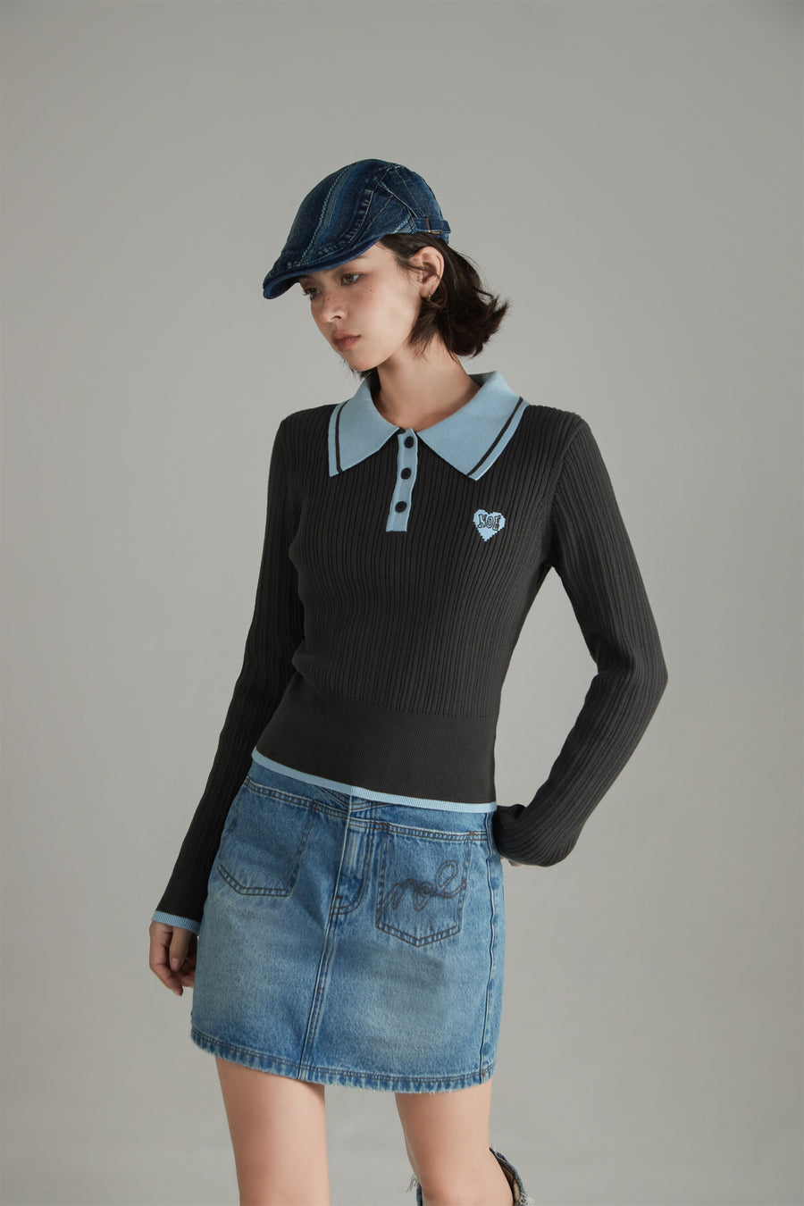 CHUU Polo Neck Color Combination Knit Top