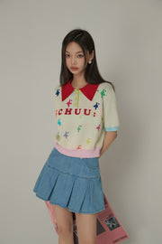 Polo Neck Color Blocked Multi-Color Pixel Block Pattern Knit Top