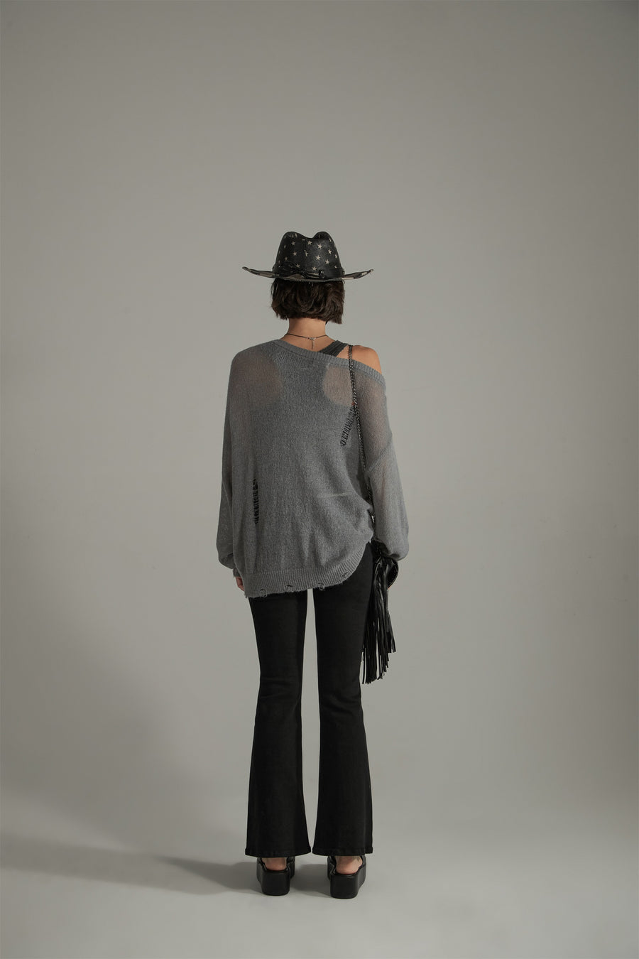 CHUU Distressed Ripped Thin Long Sleeved Knit Sweater