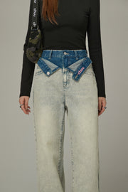 Folded Waist Color Combination Wide Denim Jeans