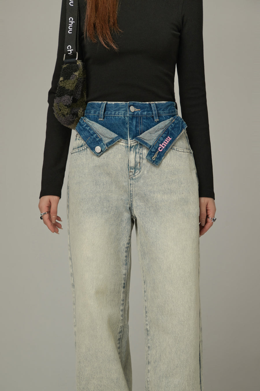 CHUU Folded Waist Color Combination Wide Denim Jeans