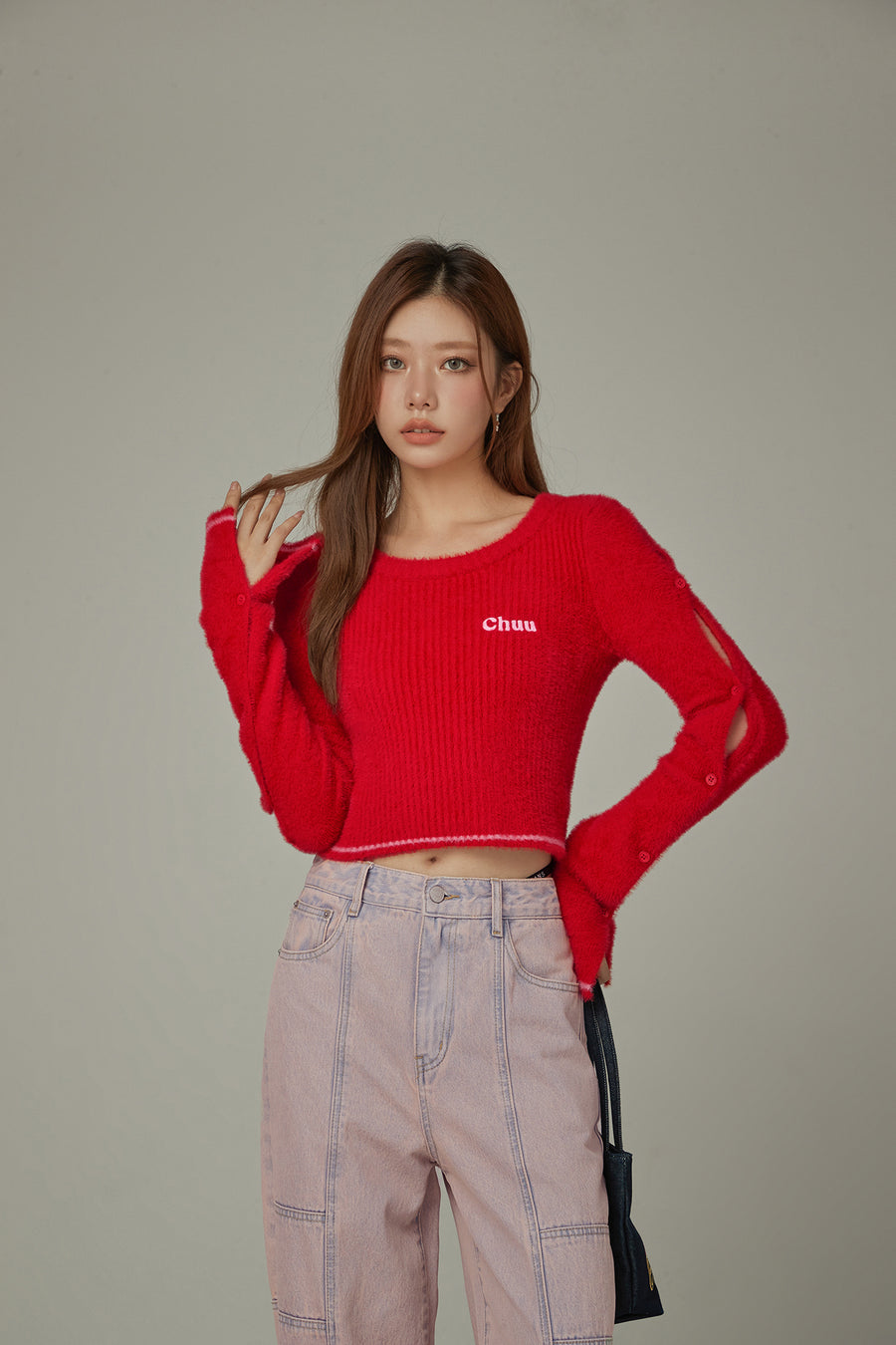 CHUU Slit Sleeves Button Crop Knit Sweater