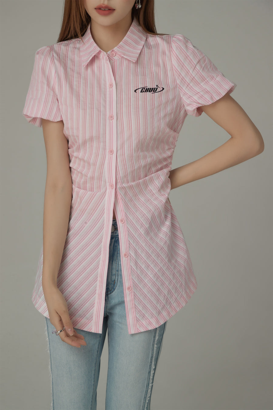 CHUU Puffy Short Sleeve Stripe Shirt